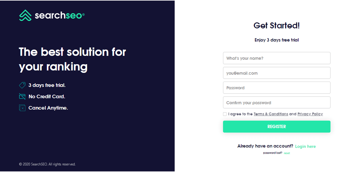 SearchSEO Sign Up Form